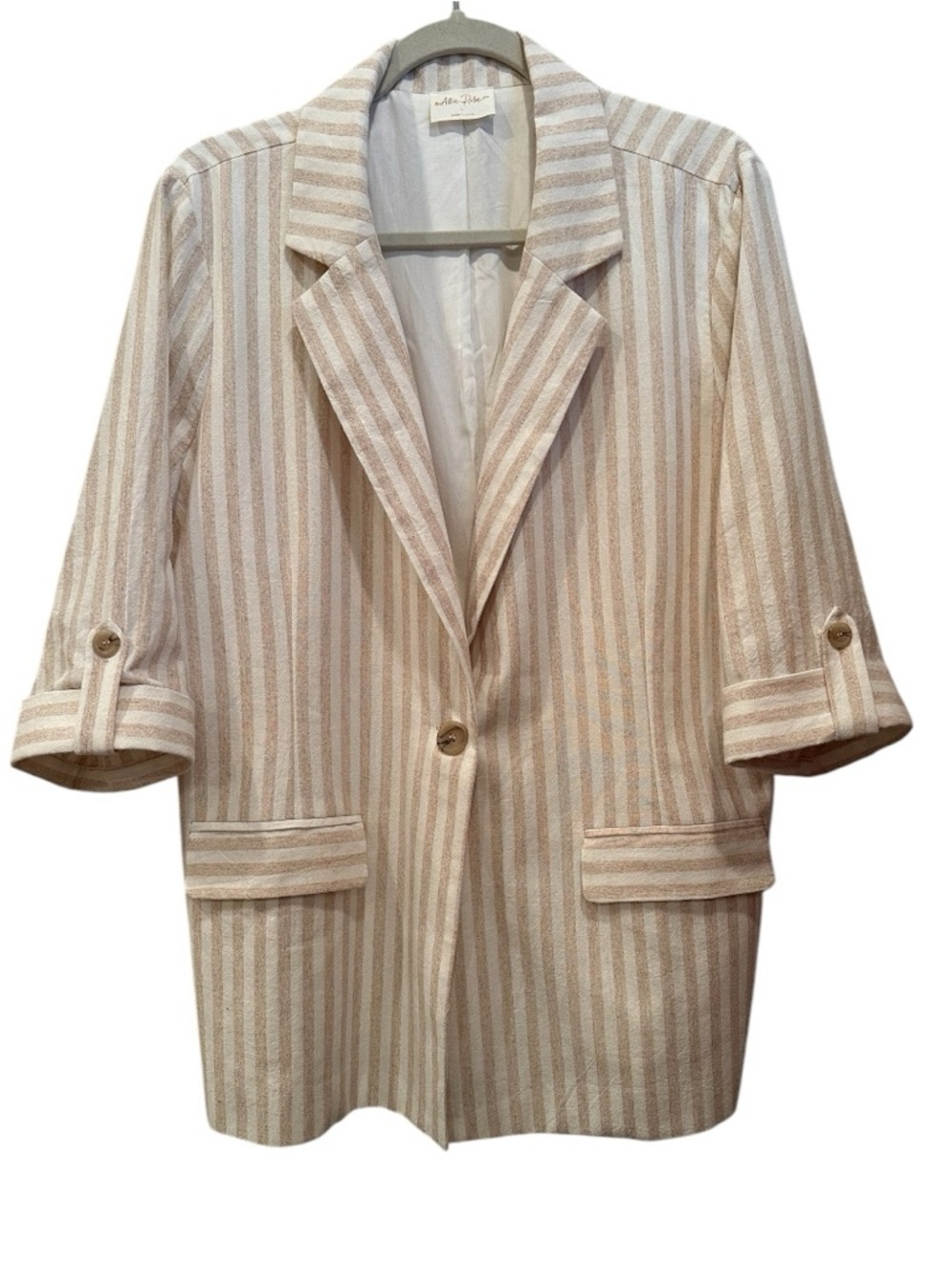 Striped Linen Blend Tailored Blazer with Notch Lapel Career Springs Sz L
